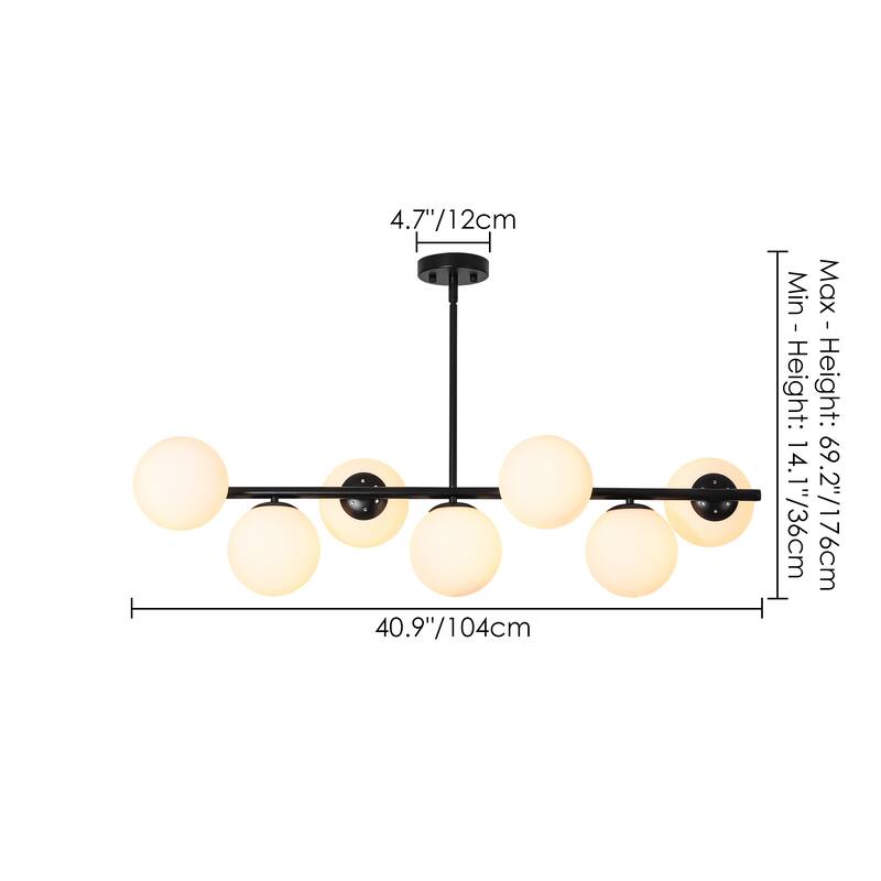 7-Light Mid-Century Modern Gold/Black Sputnik Metal Island Lights with Opal Glass Globe Shades for Kitchen, Dining Room