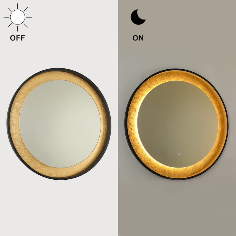 Evari 30 IN. Mid Century Modern Round Gold Leaf LED Bathroom Vanity Mirror Dimmable Makeup Light - Dia.30" x H1.5"