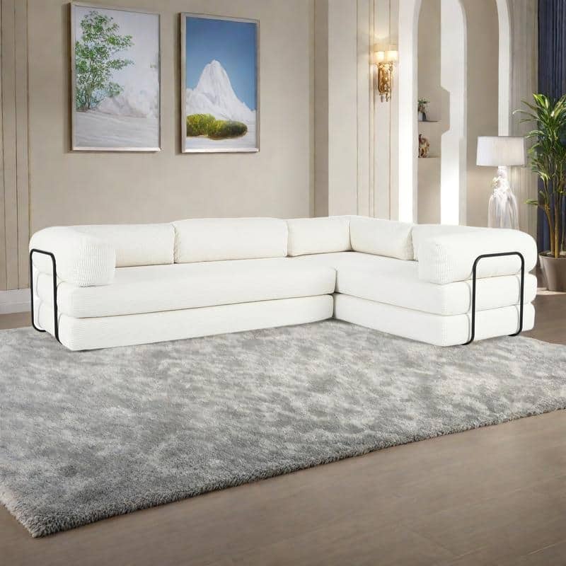 115" Polyester L-Shaped Modular Sofa Bed with Corduroy Upholstery and 4-Seat Configuration - Beige