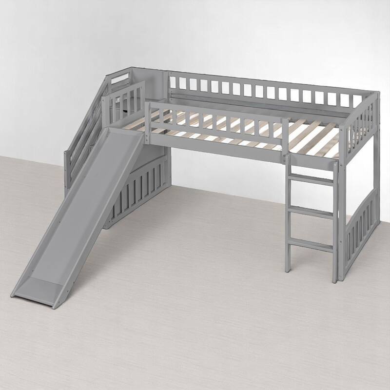 Twin Size Loft Bed with Slide, Staircase Storage Drawers, Convertible Ladder, and Guardrails, No Box Spring Needed