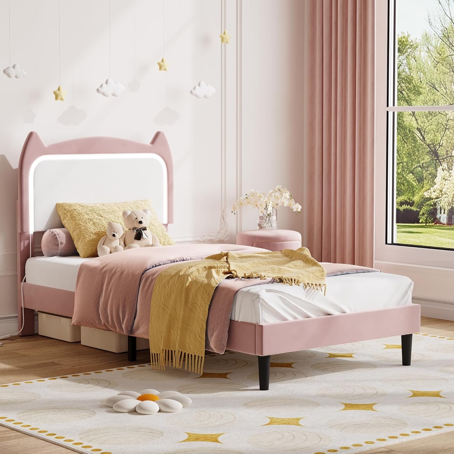 Twin Upholstered Bed, Cat Headboard, LED, Wood Slats, Pink&White