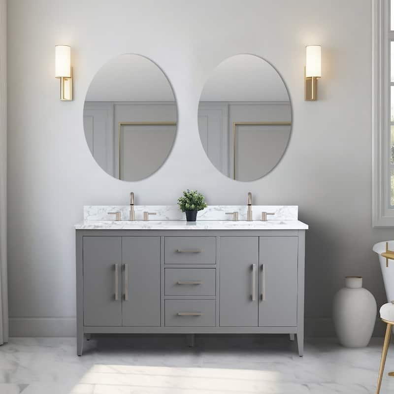 Vanity Art 60" Double Sink Bathroom Vanity Cabinet with Engineered Marble Top