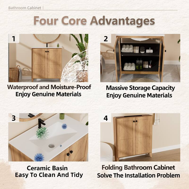 30" Folding Floor Cabinet with Ceramic Sink - Patented 1-Min Install, Space-Saving, American Style