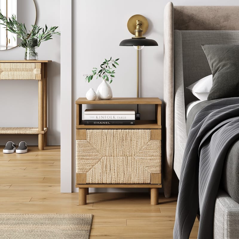 Beacon Wood Nightstand, Bohemian Accent Table or Sofa Side Table with Seagrass Door for Bedroom or Living Room