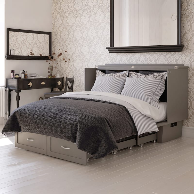 Monroe Queen Murphy Bed Chest with 6" Mattress, Storage Drawer & Built-In Charger in Grey