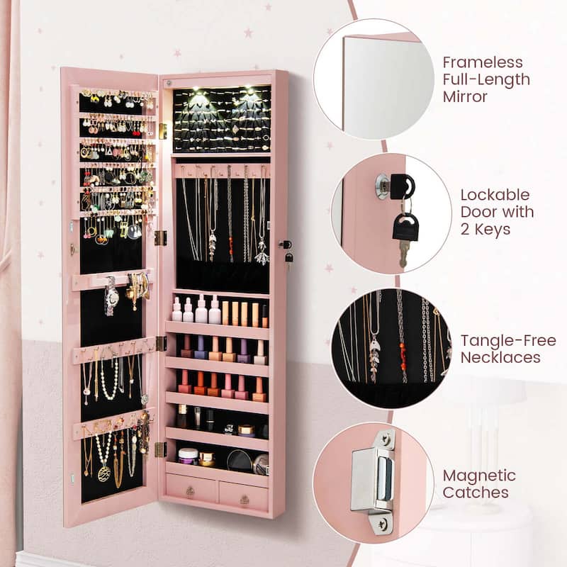 Costway Mirrored Wall & Door Mounted Jewelry Cabinet Storage Organizer - See Details
