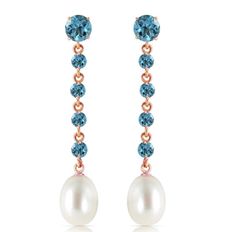 14K Solid Gold Chandelier Blue Topaz & Pearl Gemstone Earrings