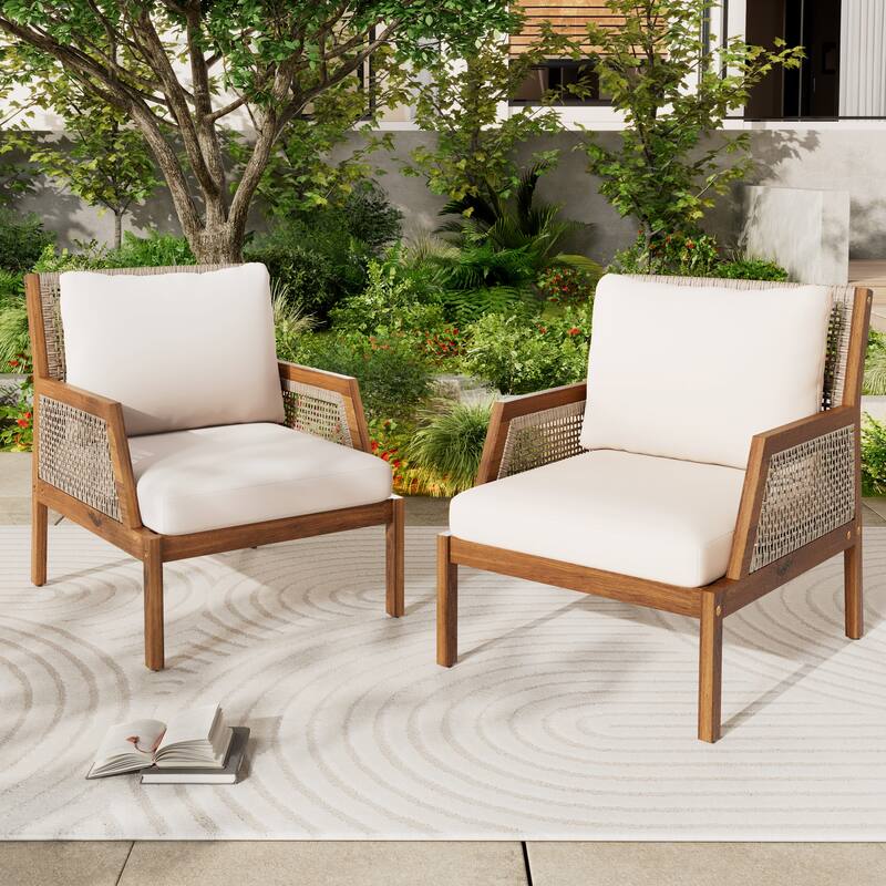 Roomfitters Acacia Wood Outdoor Club Chair with Wicker Accents, Deep Seating, Teak and Mix Brown - 2-Piece