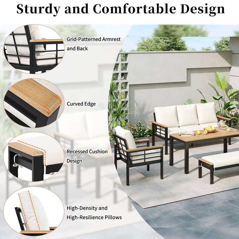 5-Piece Outdoor Patio Iron Conversation Sofa Set with Coffee Table and Bench