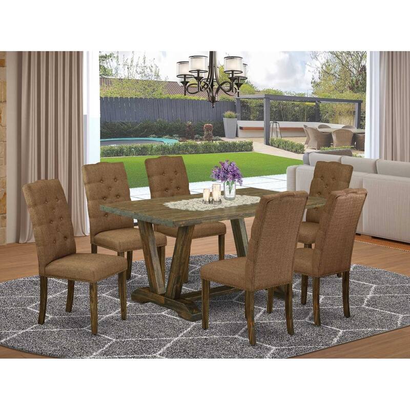HomeStock 7-Pc Rectangle Natural Oak Finish Solid Wood Top Dining Table with 6-Chairs
