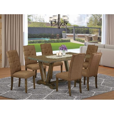 HomeStock 7-Pc Rectangle Natural Oak Finish Solid Wood Top Dining Table with 6-Chairs