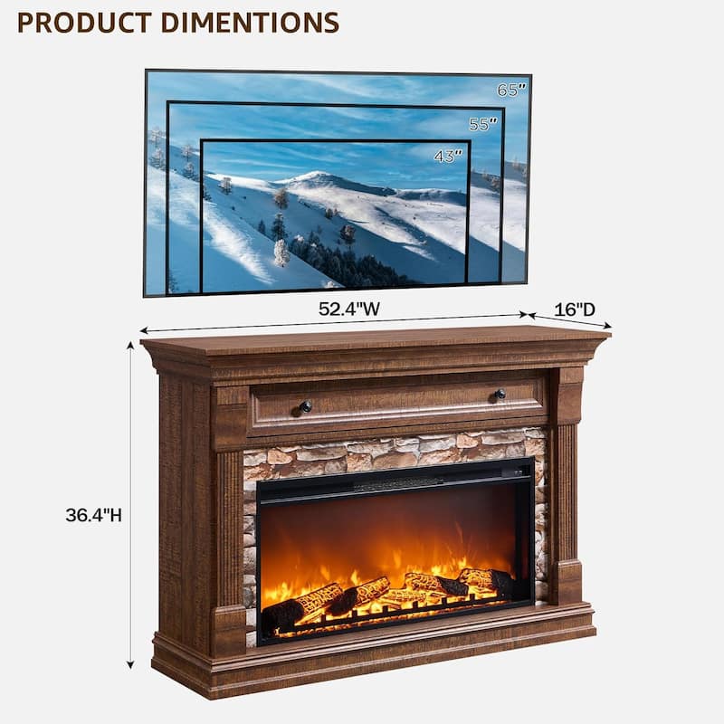 52" Farmhouse Electric Fireplace TV Stand, Wood Entertainment Center