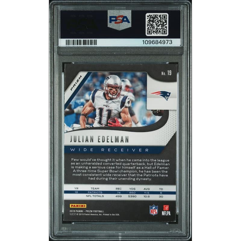 Julian Edelman 2019 Panini Prizm Red White Blue Signed Football Card #19 Auto PSA 109684973 - 8' x 11'