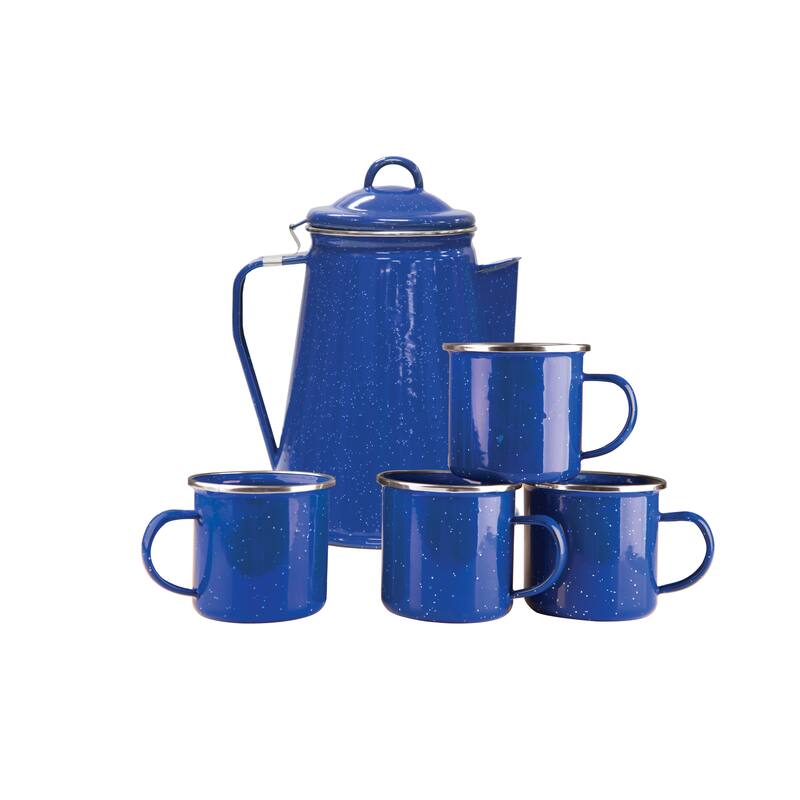 Stansport Enamel Percolator Coffee Pot and Set of 4 Mugs - Blue