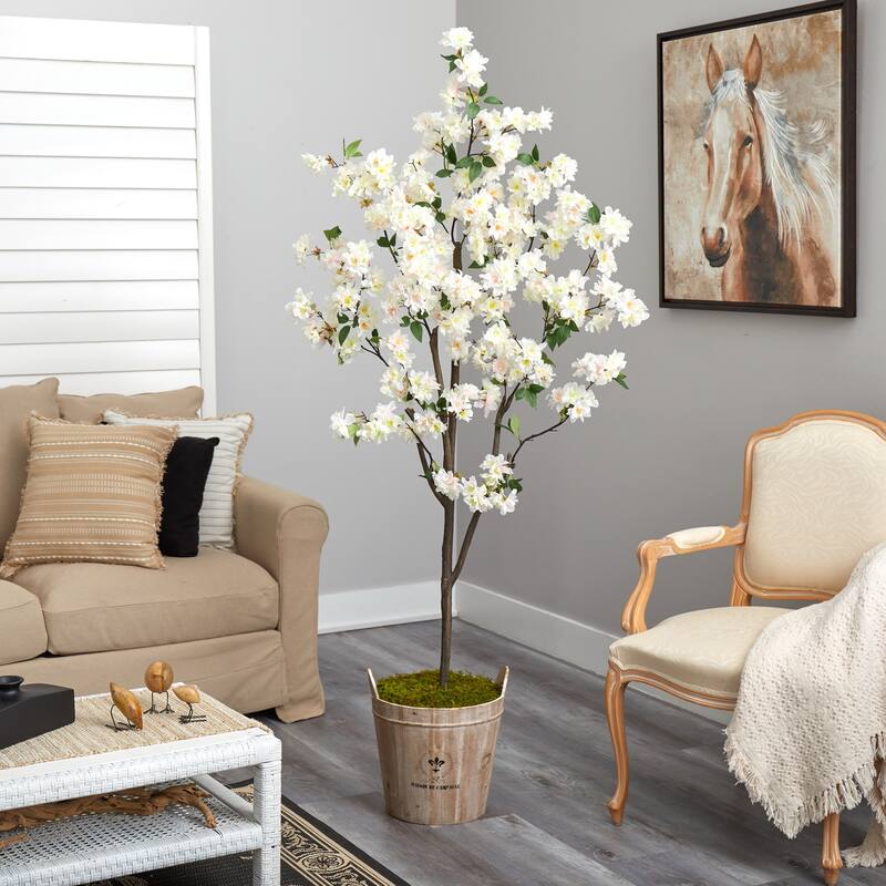 6ft Cherry Blossom Artificial Tree in Farmhouse Planter with Lifelike White Blossoms and Green Leaves for Home Decor