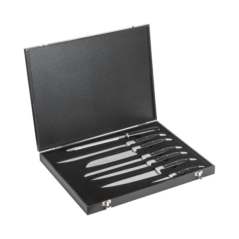 French Home 7 Piece Connoisseur Laguiole Black Pakkawood Kitchen Knife Set with Knife Sharpener