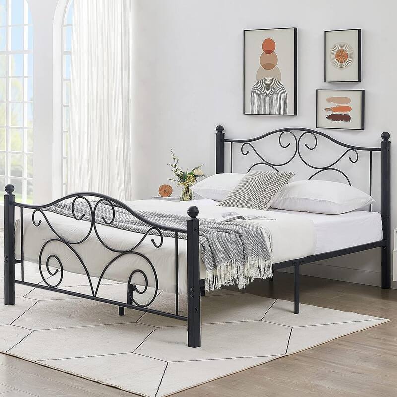 Javlergo Metal Bed Frame with Arched Roman Column Headboard and Footboard Heavy Duty Steel Slat Support No Box Spring Needed