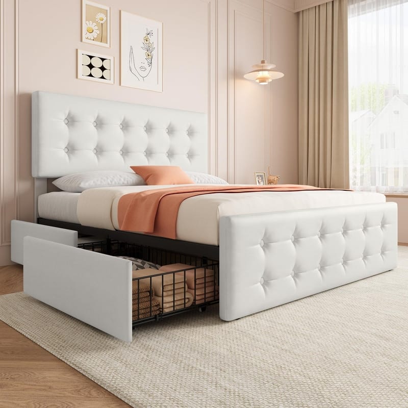 Upholstered Bed with 4 Drawers and Adjustable Button-Tufted Linen Headboard