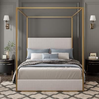 Modern Luxury Metal Canopy Bed with Tall Corduroy Upholstered Headboard