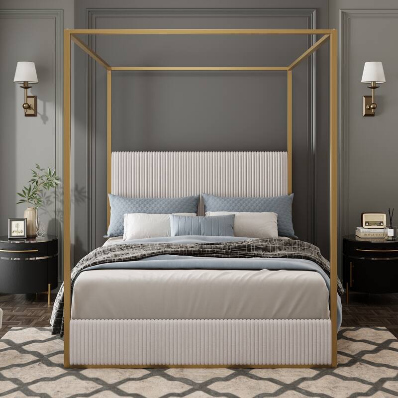 Queen/King Modern Luxury Metal Canopy Bed with Tall Corduroy Upholstered Headboard and Gold Four Poster, No Box Spring Needed
