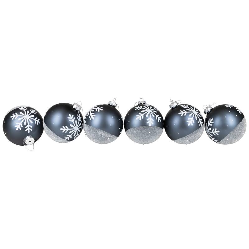 6 Gray White Snowflake Glass Christmas Ball Ornaments 4" (101mm)