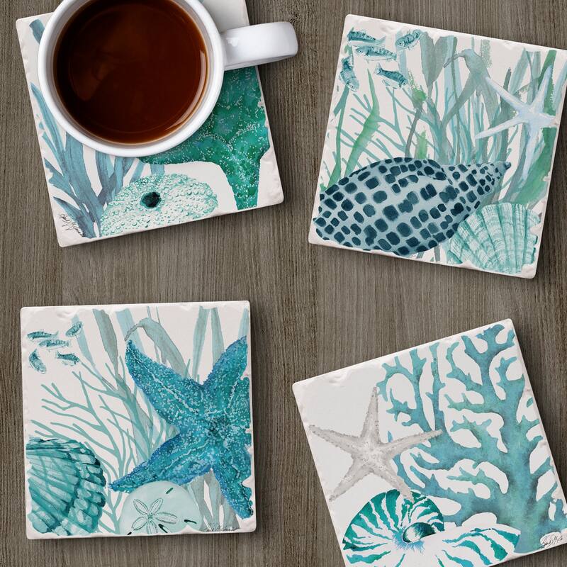 Counterart Absorbent Stone Coaster, Coral Life, Set of 4 - 4.01x4.18