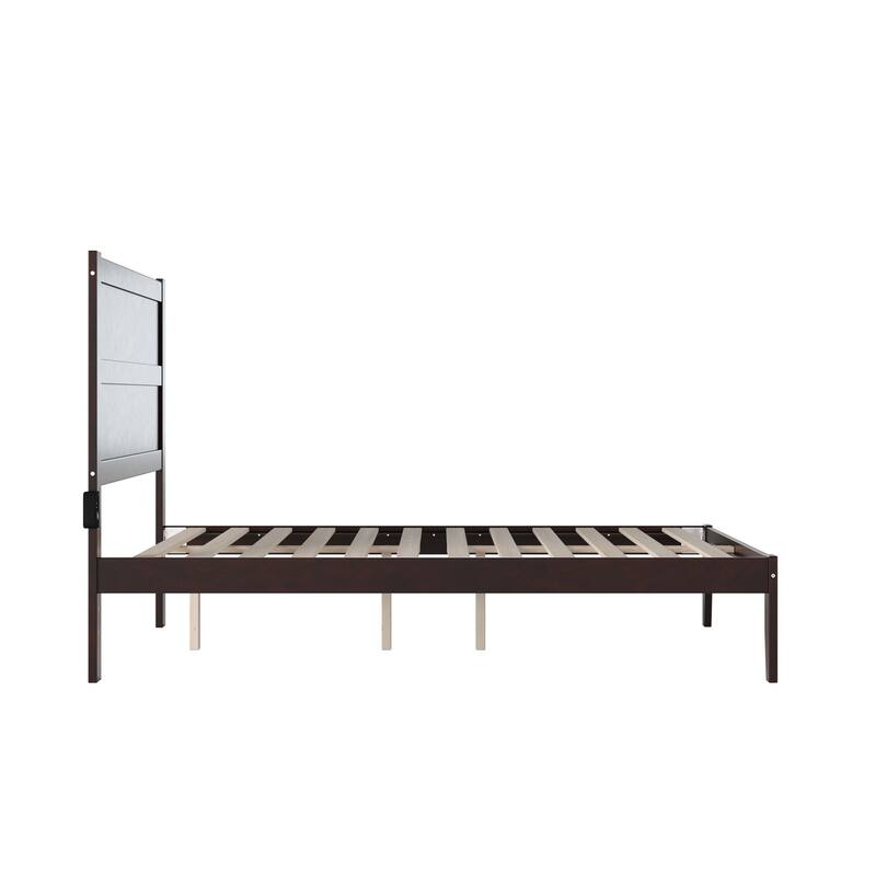 Full Bed with Charging Station - Solid Wood Platform Bed Frame, Espresso Finish, 53.5"x76"x47.625"