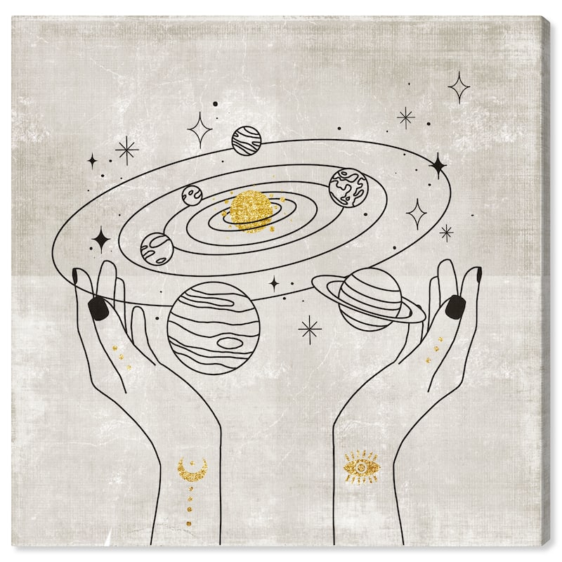 Wynwood Studio Canvas Astronomy and Space World In your Hands Black and Metallic Gold Glam Wall Art Canvas Print