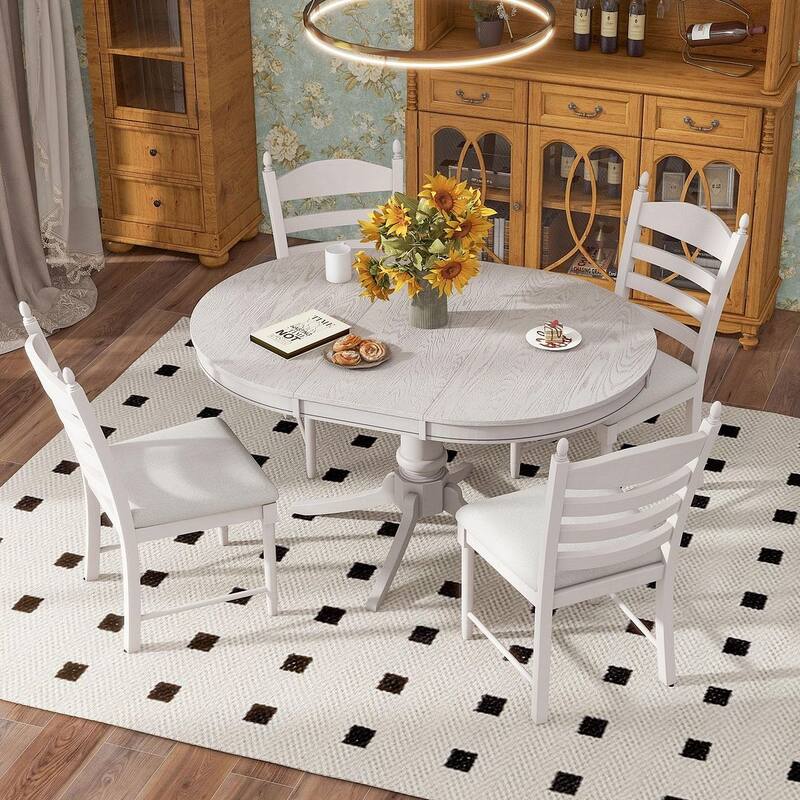 Wooden Round Drop Leaf Extendable Dining Table Set with 4 Upholstered Chairs