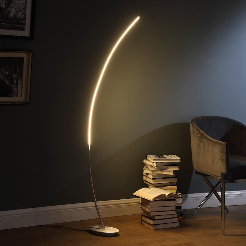 Contemporary 62-Inch Nickel Arc Floor Lamp – Integrated Warm White LED A15 Bulb, Push-Thru Socket - 6" x 12" x 62.25"