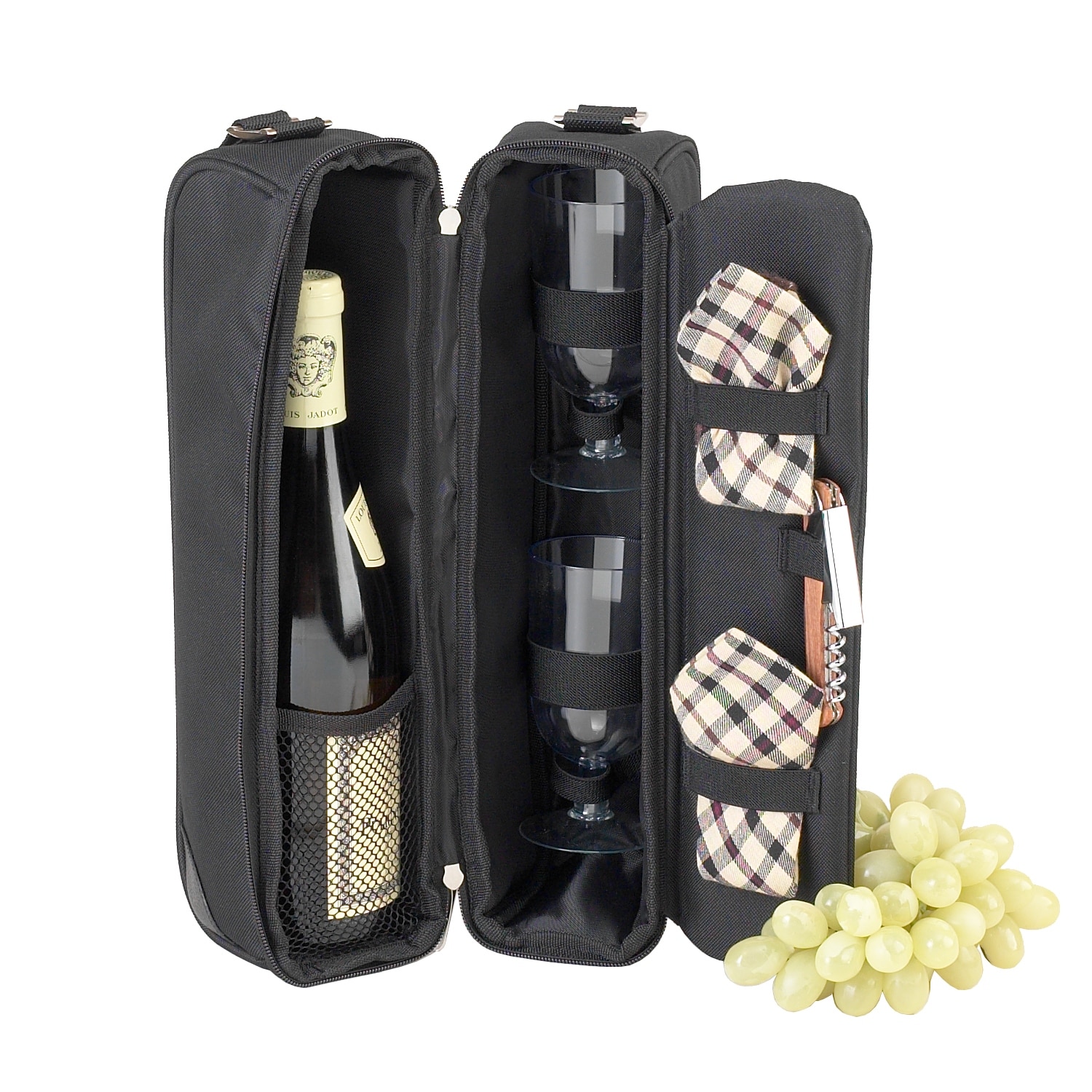 Picnic at Ascot - Insulated Wine Tote with 2 Wine Glasses, Napkins and Corkscrew - Black