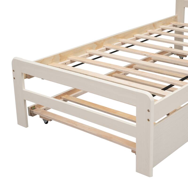 White Wood Twin Size Platform Bed Frame with Trundle, Rubberwood & Plywood Construction, Modern Design, Space-saving