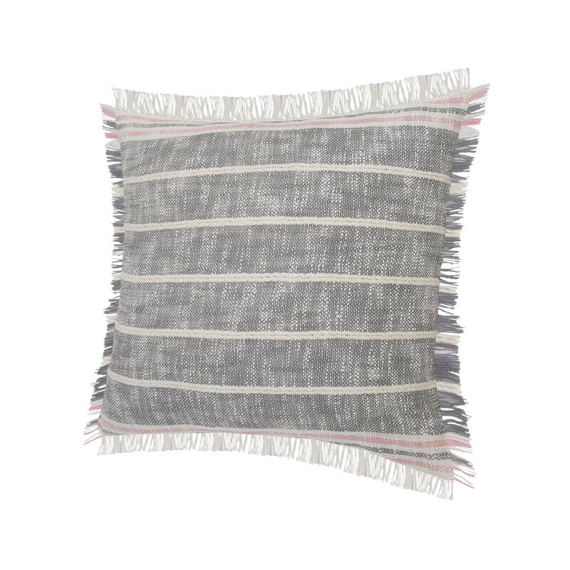 20" Gray and White Striped Square Throw Pillow with Fringes