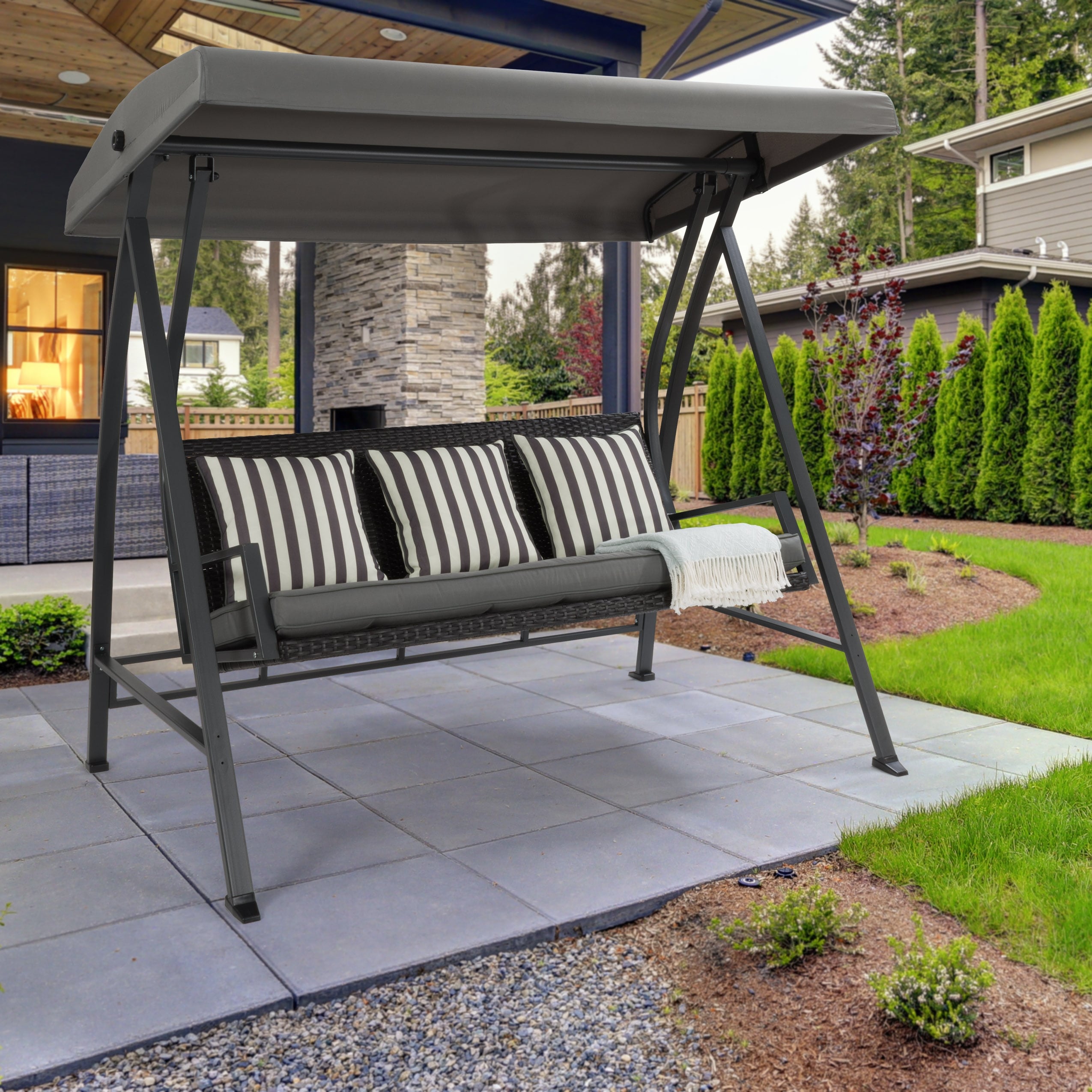 Aoodor 3 Seat Outdoor Rattan Patio Swing with Adjustable Canopy Stylish Comfort for Your Porch Garden and Yard Bed Bath Beyond 39029543