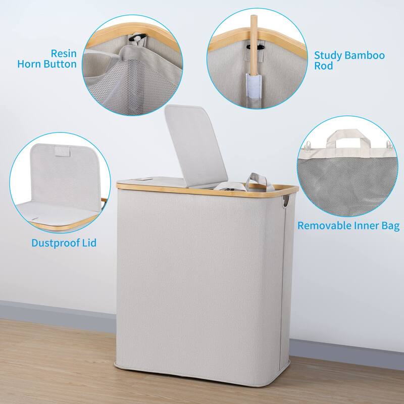 Double Laundry Hamper with Lid, Divided Laundry Hamper with Removable Bags, 2 Section Dirty Clothes Basket with Handles
