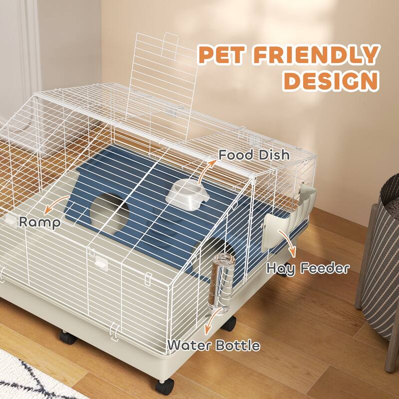 PawHut Small Animal Cage, Rolling Guinea Pig Cage with Water Bottle, Hay Feeder, Food Dish, Ramp, White