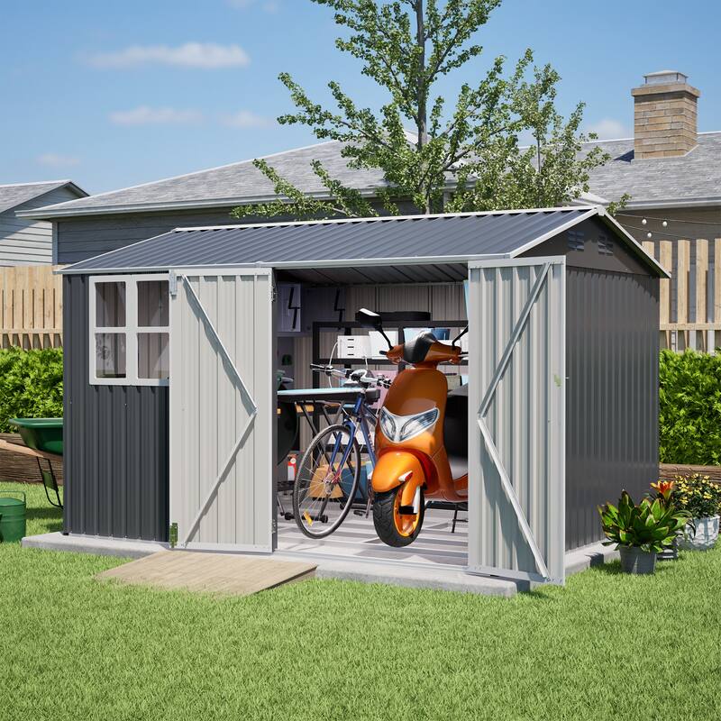 10X8FT Outdoor Steel Storage Shed with Clear Window, Lockable Doors, Weather-Resistant Metal Tool Shed