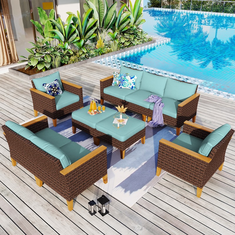 9-Piece Outdoor Wicker Sectional Sofa Patio Furniture Luxury Conversation Set, Beige Cushion - 9- Seat - Type F