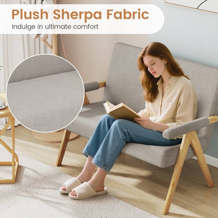 Sherpa Fabric Rubber Wood Loveseat Sofa with Cushions and Ergonomic Design - 47" x 29" x 36"