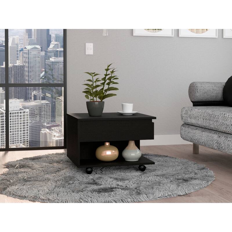 FM Furniture Portland Lift Top Coffee Table with Open Shelf and 4 Locking Caster Wheels - Black