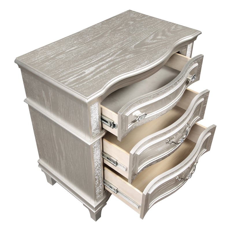Inz 32 Inch 3 Drawer Nightstand, Elegant Trim Details, Silver Finish