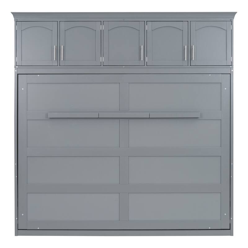 Modern Solid Wood Murphy Bed Chest w/ Top Cabinets, Storage Wall Platform Bed, Wood Slat Support, No Box Spring Needed, Folding