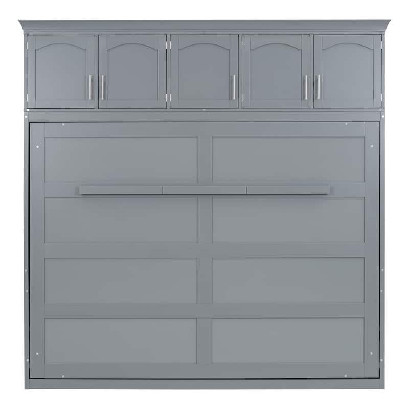 Storage Murphy Bed with Top Cabinets, Flip Horizontal - Grey - Full