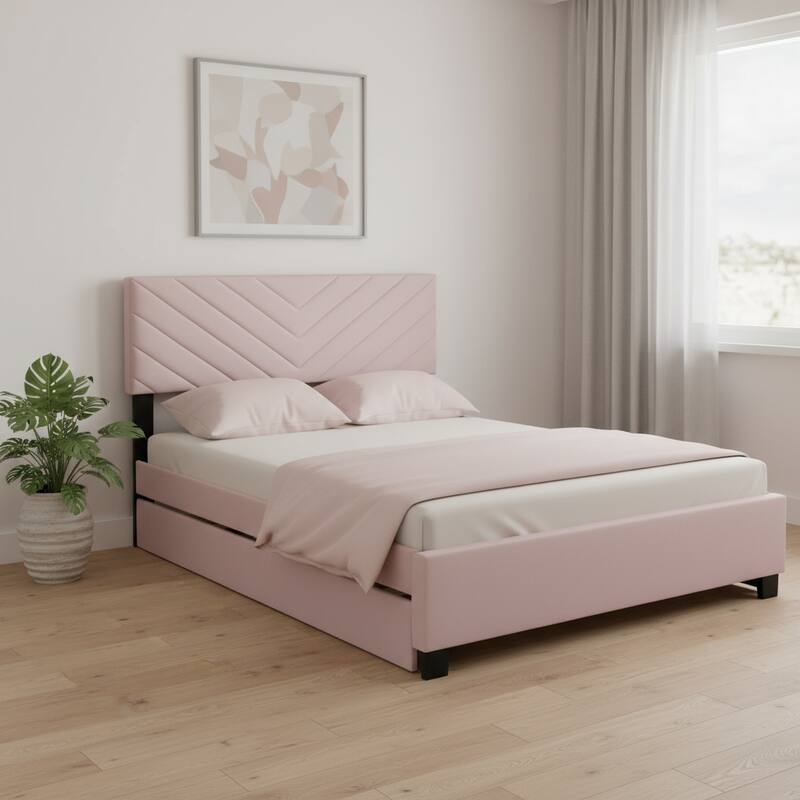 HomeRoots Pink Tufted Upholstered Twin Bed Frame With Trundle And Drawers - Twin