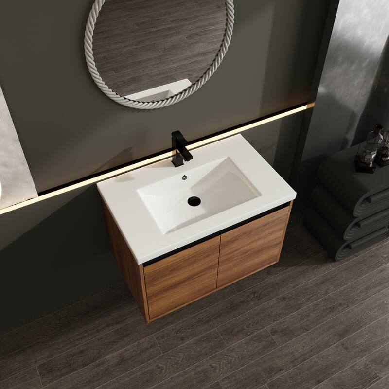 GDFStudio - Levistar Modern Wall-Mounted Bathroom Vanity Set with Scratch-Resistant Resin Sink & Soft Close Doors