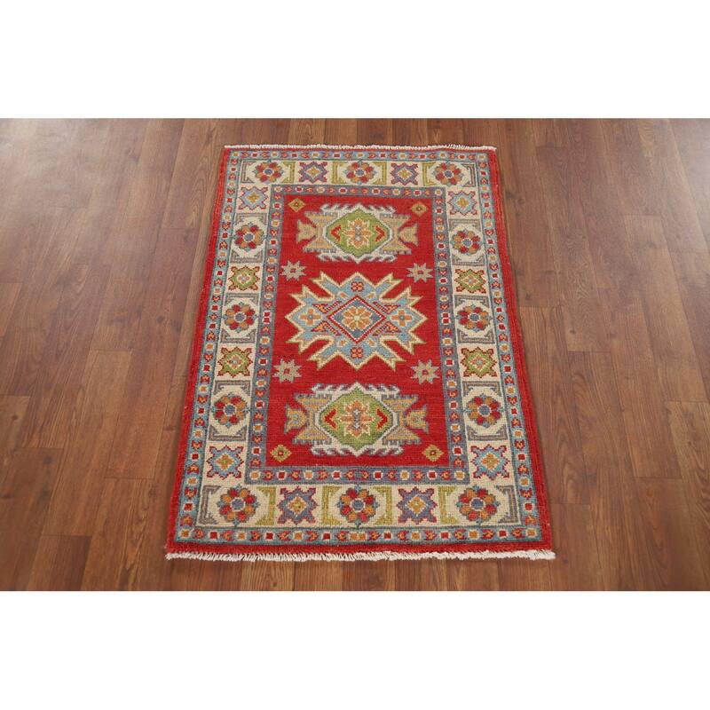 Red Traditional Kazak Foyer Rug Hand-Knotted Wool Carpet - 2'0" x 3'0"