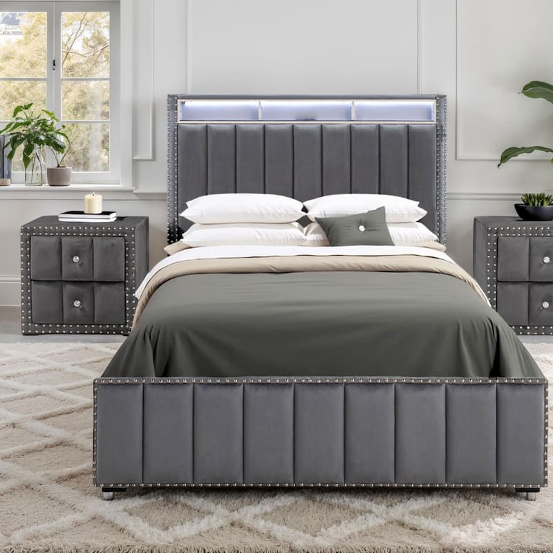 247 Shop At Home Fynor Modern 2-Piece Velvet Queen Storage Platform Bedroom Set - Dark Grey