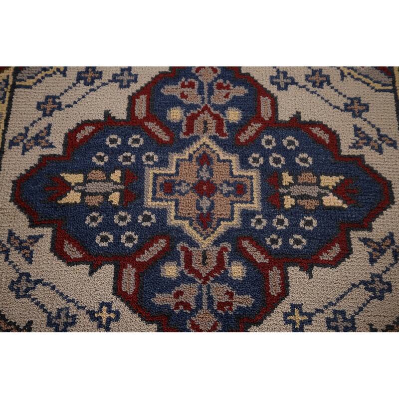 Geometric Kazak Runner Rug Hand-Knotted Beige Wool Carpet - 2'6"x 9'10"