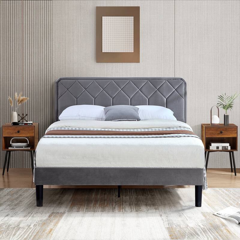 VECELO 3-Pieces Upholstered Platform Bed Frame with Adjustable Headboard and Nightstands Set of 2, Grey
