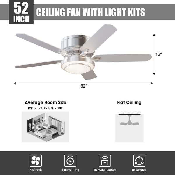 Vaczon 52" Modern Brushed Nickel 5-blade Flush Mount Smart Ceiling Fan with Light and App Control